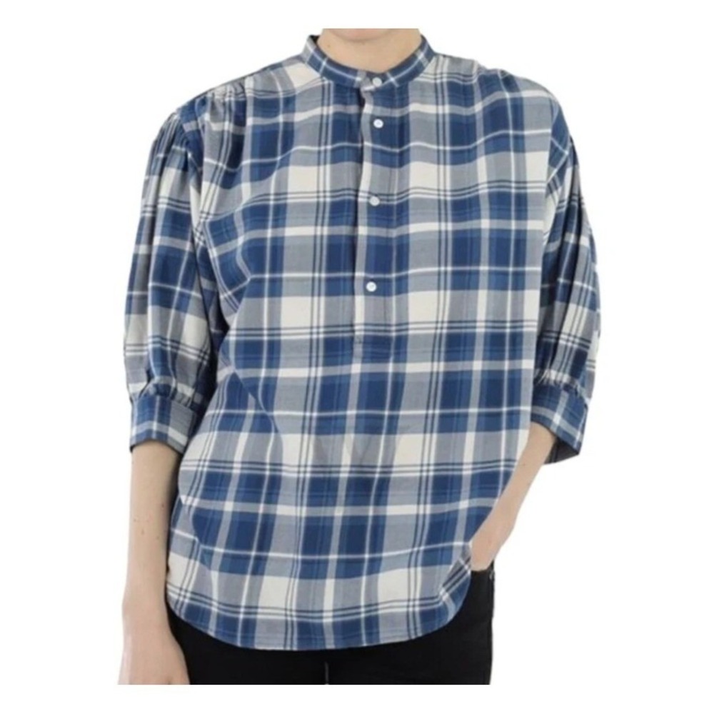 POLO RALPH LAUREN Dian Blue/White Plaid Women's Medium 3/4 Puff Sleeves Shirt - Picture 2 of 16